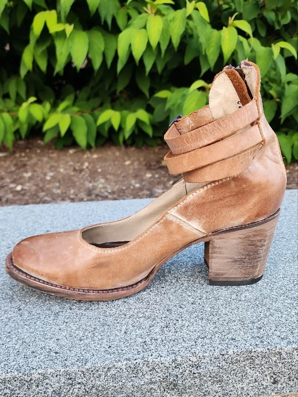 Freebird By Steven Randi Tan  Leather Block Closed Toe Pumps Triple Ankle Straps